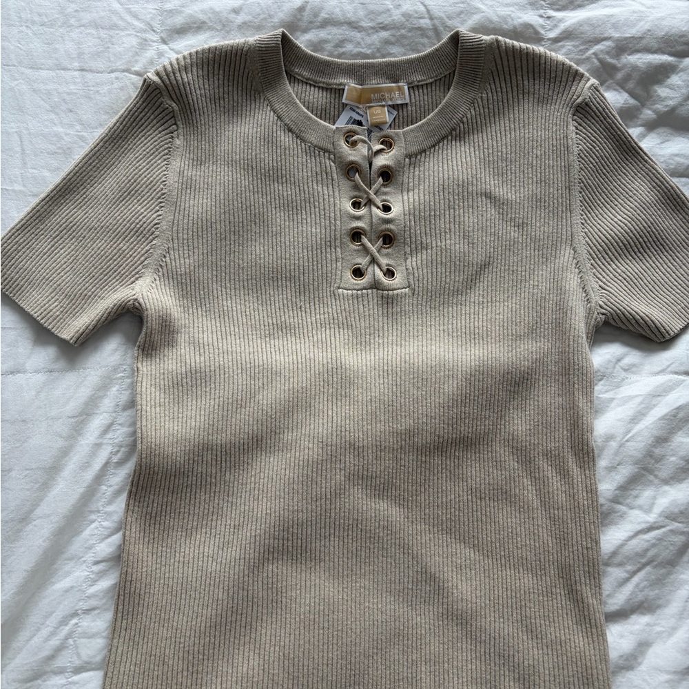 Michael Kors Beige Lace-Up Ribbed Top